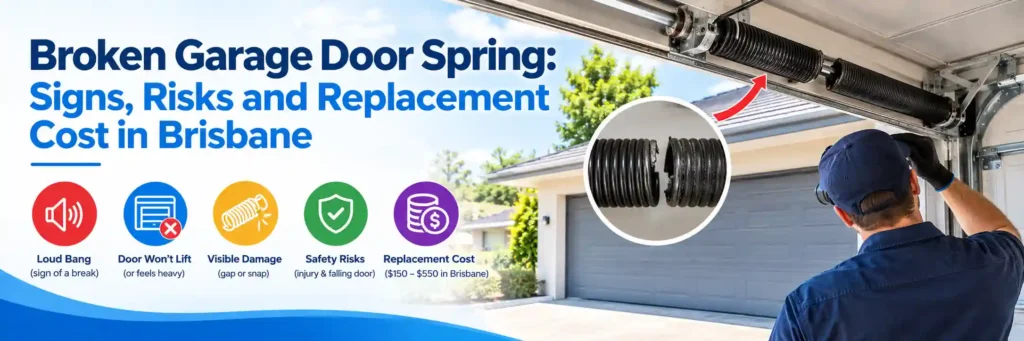 Technician examining an overhead garage door system with close-up inset image of a broken garage door torsion spring