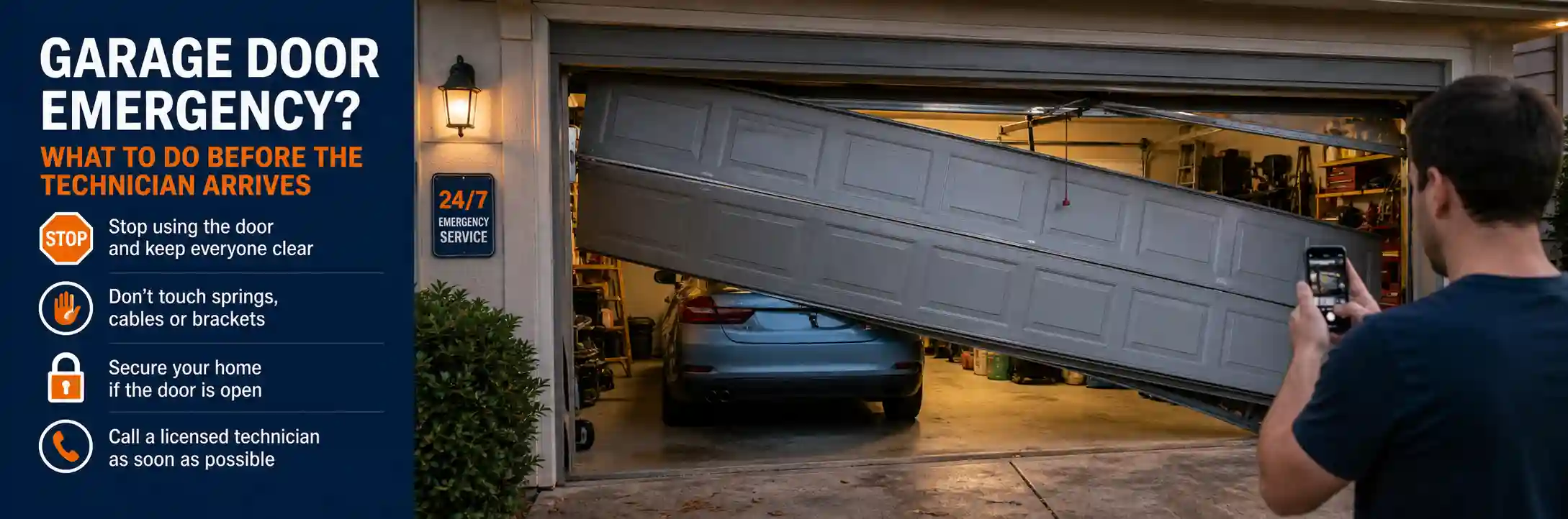 Garage door emergency guide showing safety steps before technician arrival alongside a crooked off-track garage door