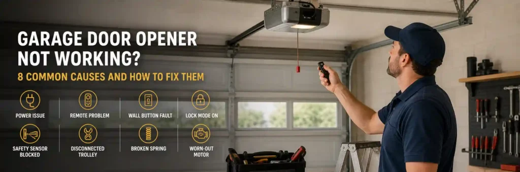 Technician troubleshooting a garage door opener with guide icons showing power issues, safety sensor blocks, and broken springs